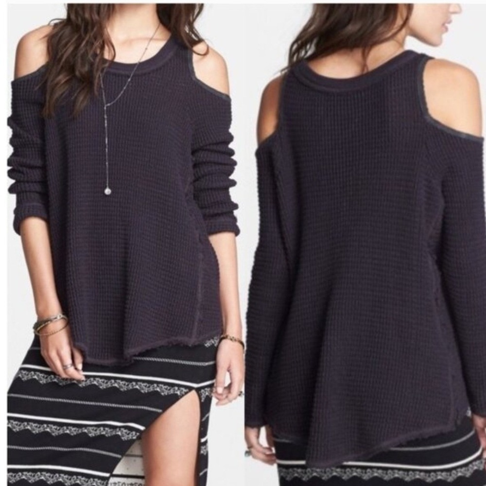 Free People Waffle Knit Sweater Cold Shoulder Size Small Gray